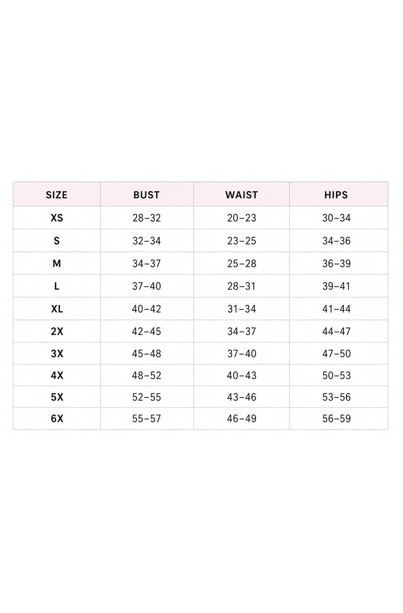 Size chart with bust, waist, and hip measurements for sizes XS to 6X