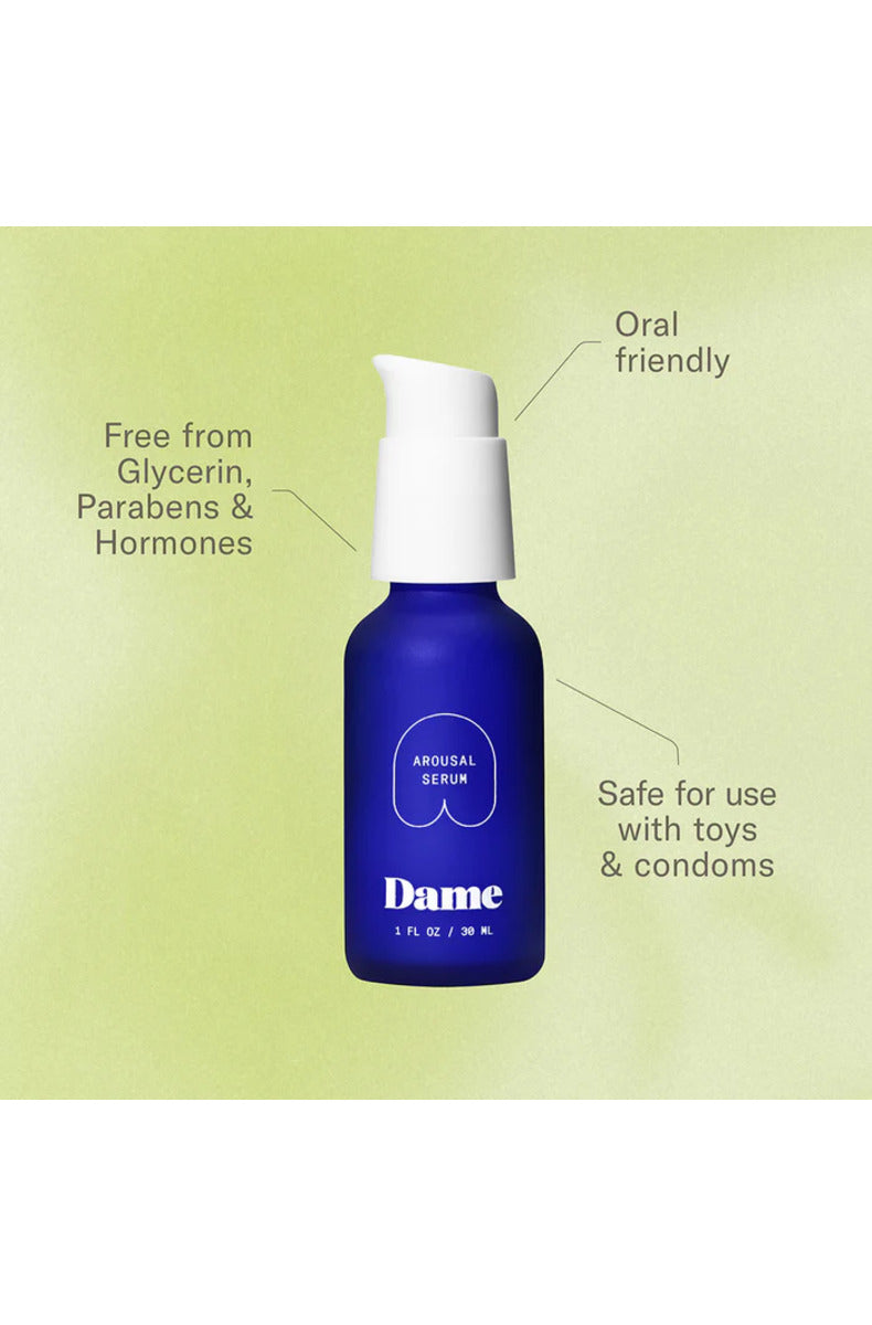 Dame Arousal Serum retail box front, plant-based peppermint and cinnamon