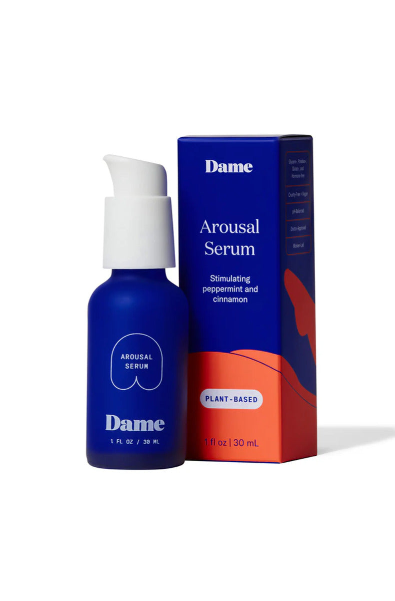 Dame Arousal Serum pump bottle beside its retail box