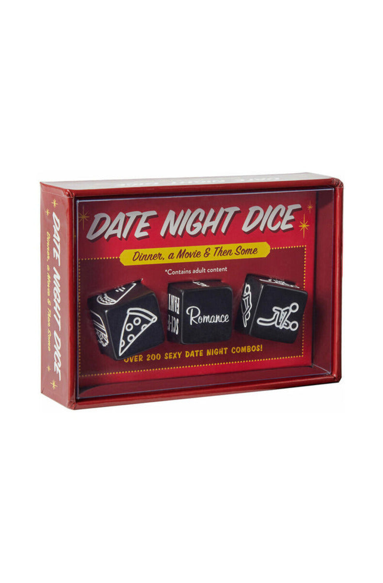 Date Night Dice game box with three dice for dinner, movie and bedroom