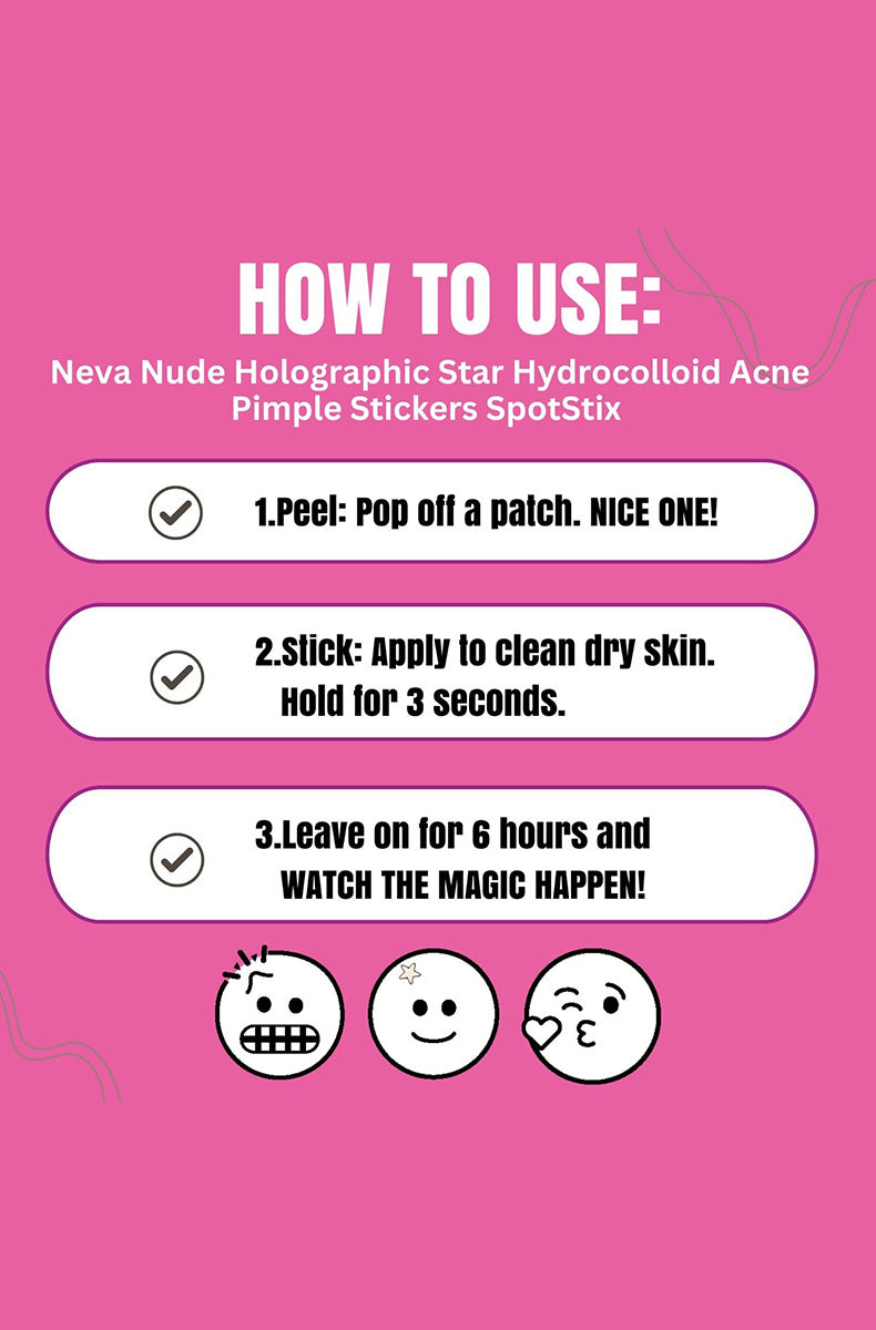 Neva Nude Spotstix Holographic Stars 56-count hydrocolloid acne patch pack with model and star stickers on cheeks.