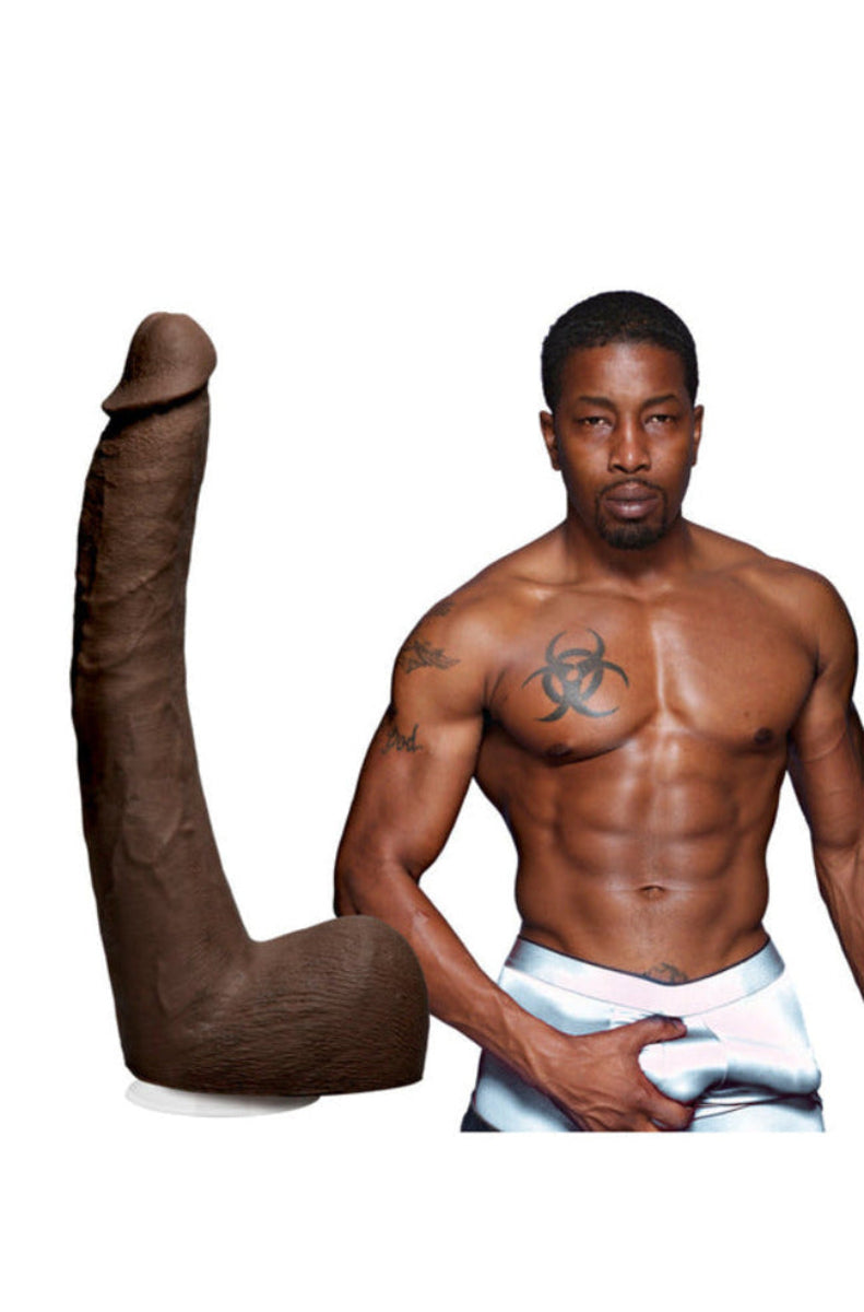 Isiah Maxwell ULTRASKYN dildo shown beside porn star Isiah Maxwell