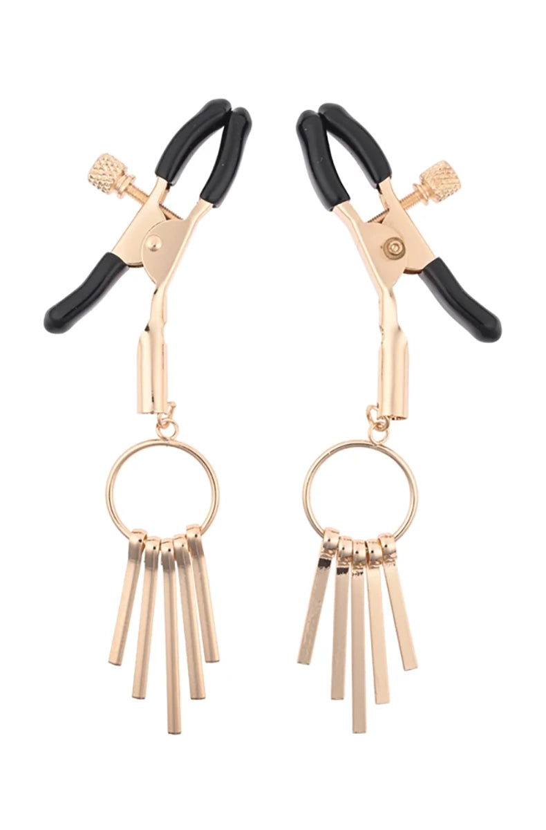 Slim rose-gold tweezer-style nipple clamps with black rubber tips and rose-gold filigree cage pendants with pearls.