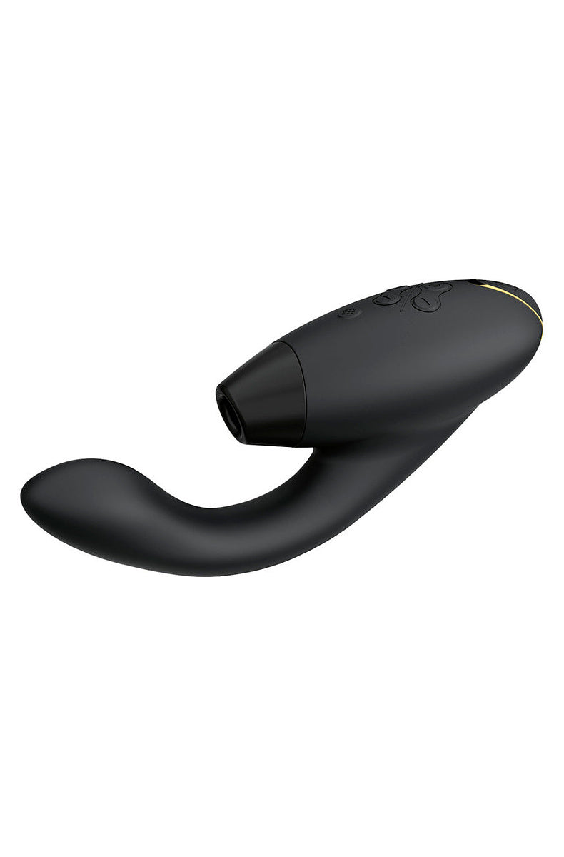 Black Womanizer Duo 2 from the side, showing the Pleasure Air head and the curved G-spot arm.
