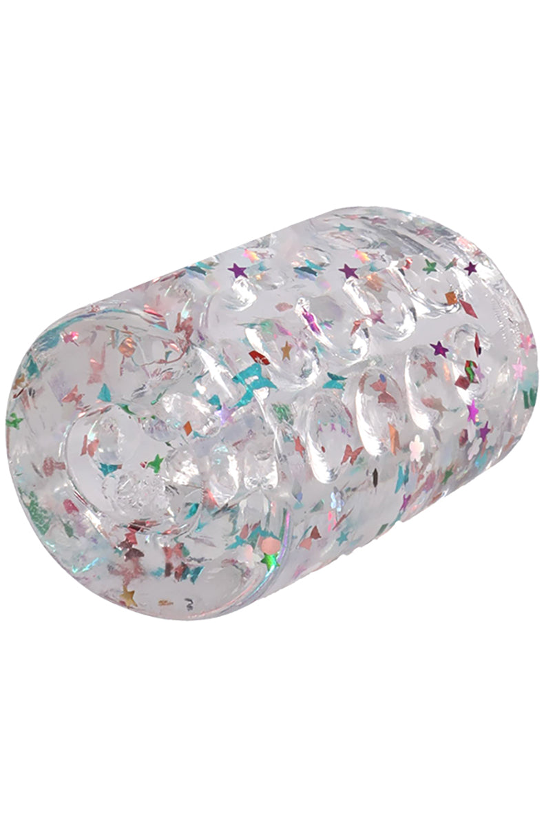 Close up of clear stroker sleeve filled with colorful confetti and glitter stars