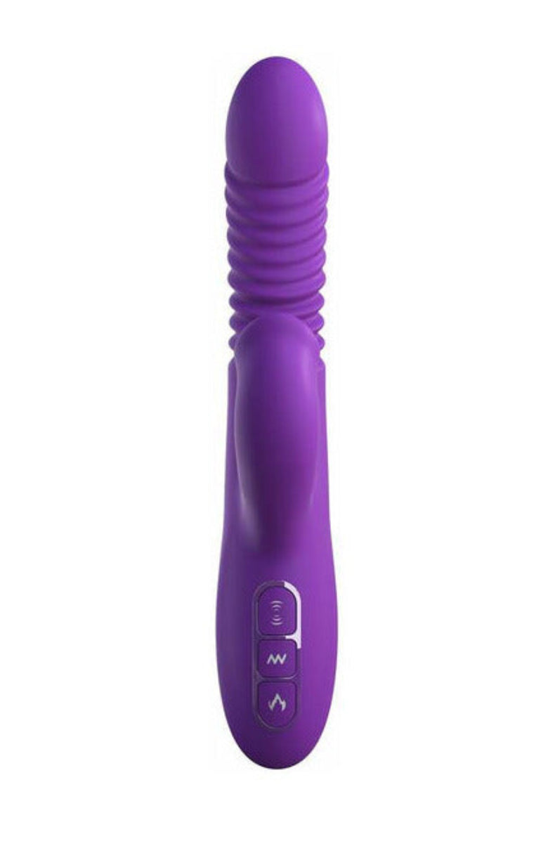 Side view of the purple thrusting vibrator showing the ribbed shaft and three control buttons