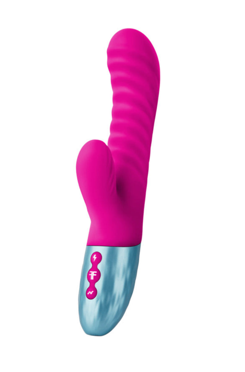 Pink Delola rabbit vibrator with a rippled shaft, curved G-spot tip, external arm, and teal control base, on white.