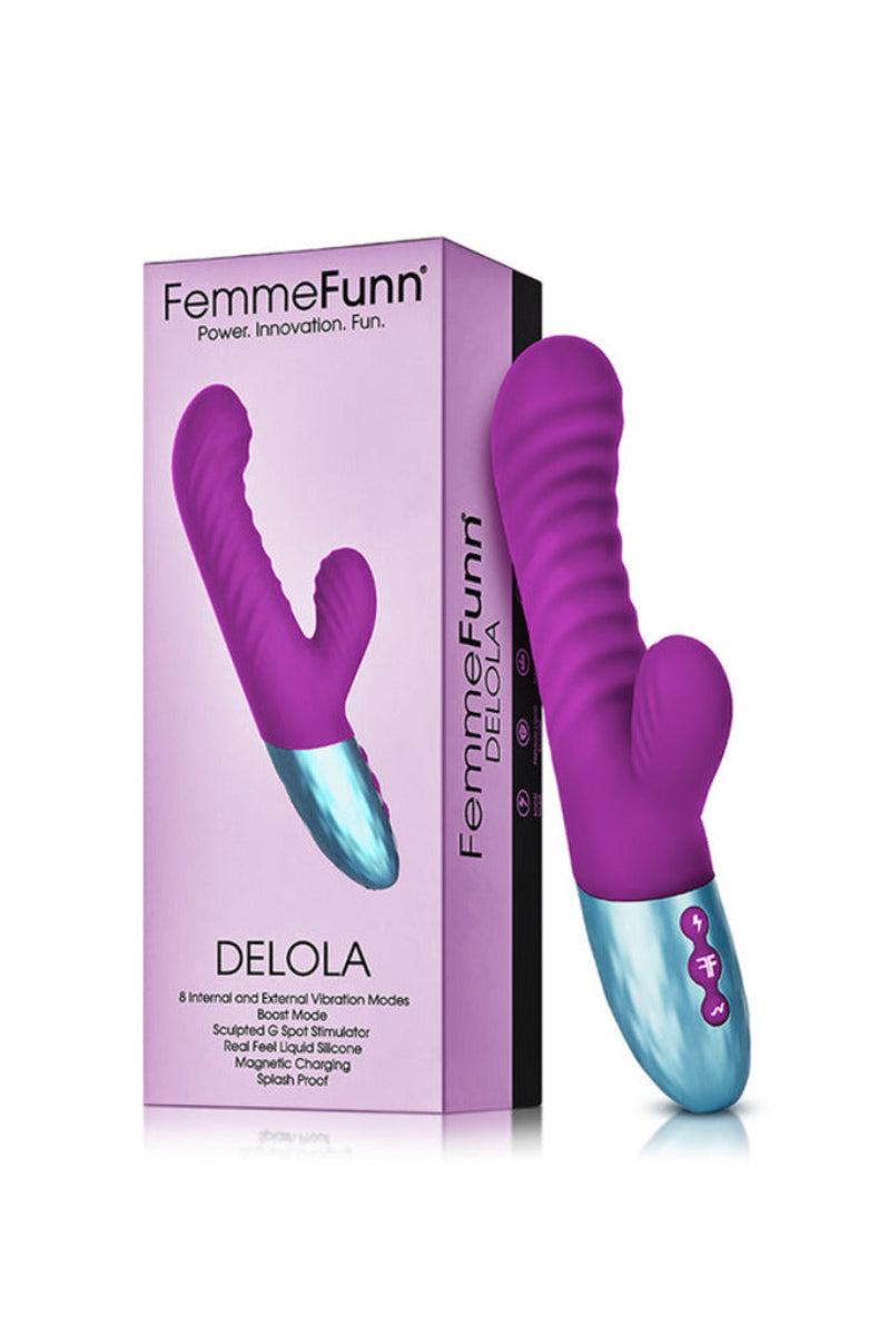 FemmeFunn Delola in purple with its box noting 8 modes, Boost, and splashproof, on white.