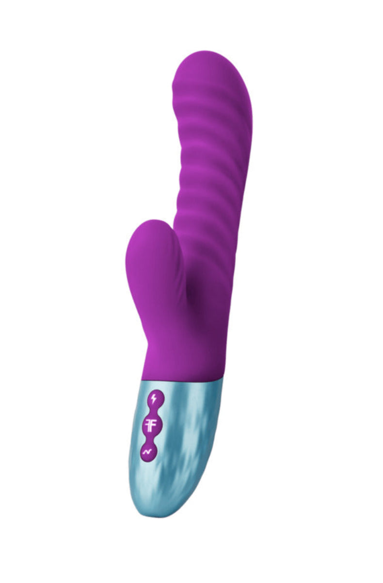 Purple Delola rabbit vibrator with a rippled shaft, curved G-spot tip, external arm, and teal control base, on white.