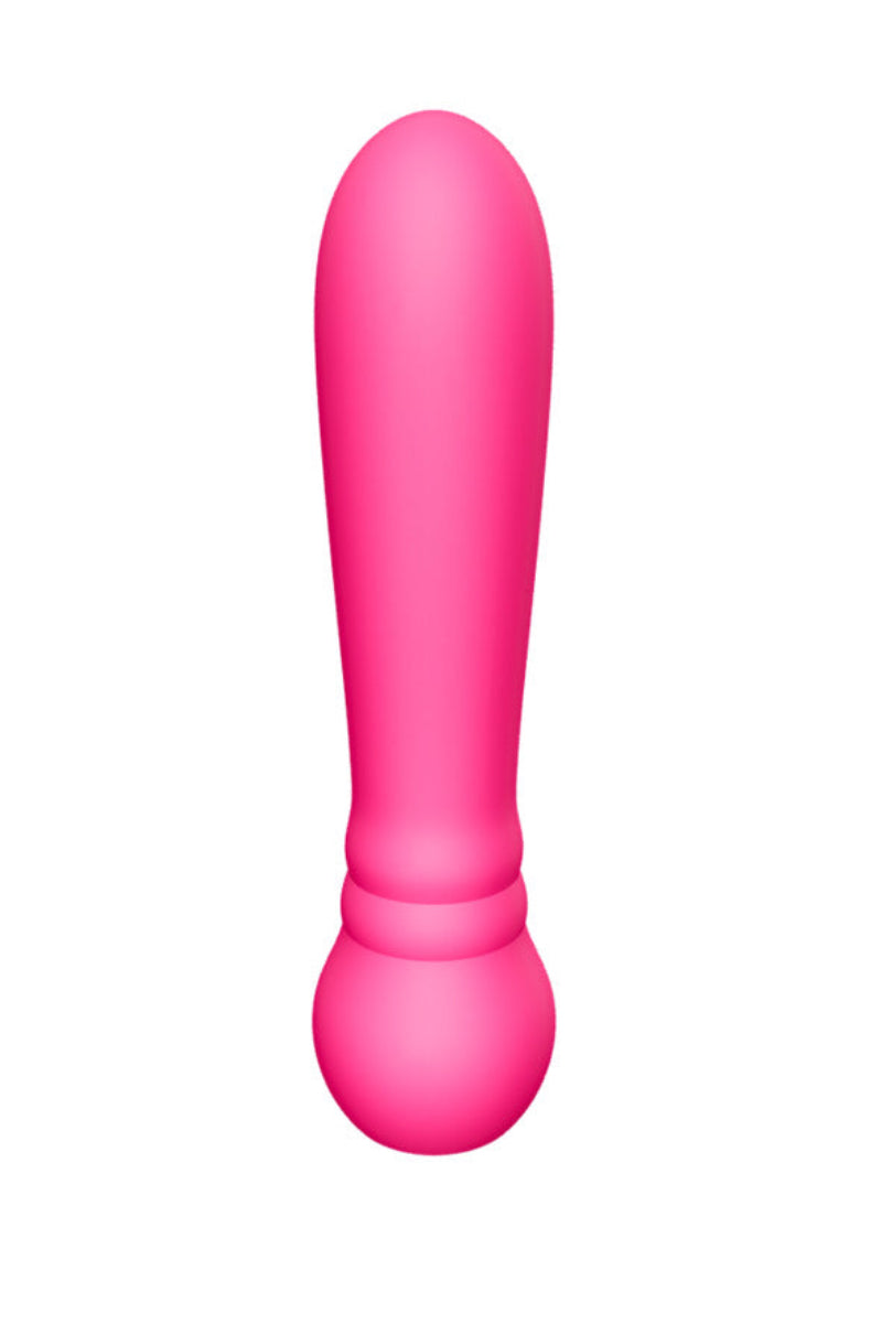Pink silicone bullet vibrator with a smooth tapered shape, on a white background.