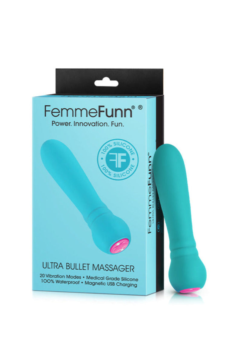 FemmeFunn Ultra Bullet in turquoise with its box, noting 20 modes and 100% silicone, on white.