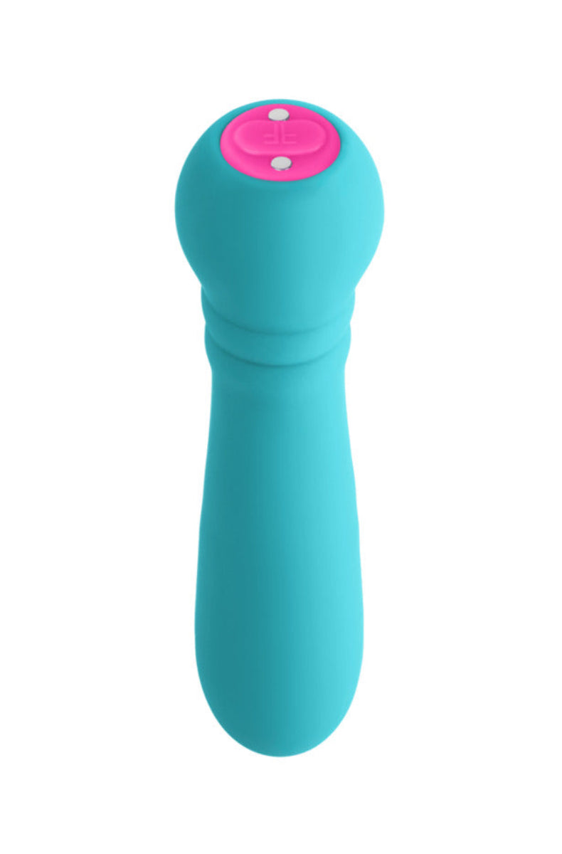 Turquoise silicone bullet vibrator with a rounded head and pink FemmeFunn button cap, on white.