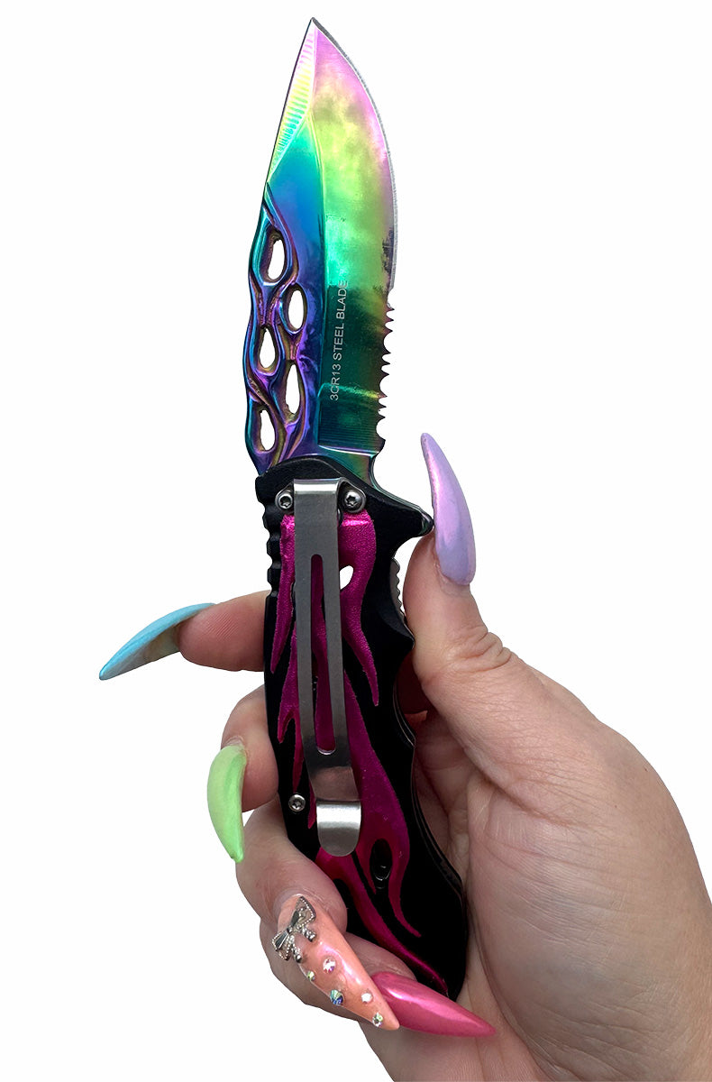 Premium flames biker design spring assist knife for women