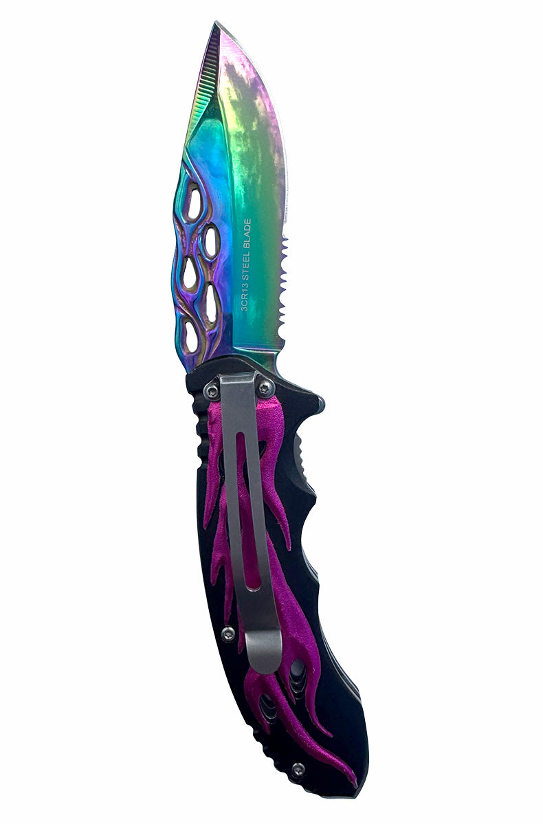 Close up titanium color serrated blade texture on flames biker knife  for women