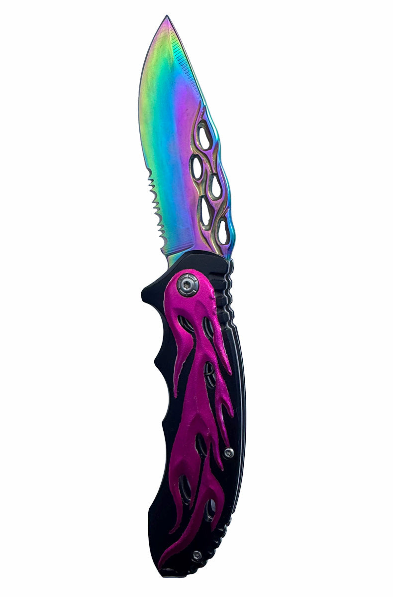 Womens Flames biker design pocket knife with black pink metal handle titanium blade 