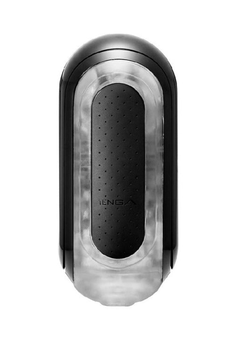 Tenga Flip Zero in black, reusable flip-open stroker with clear body and black pad