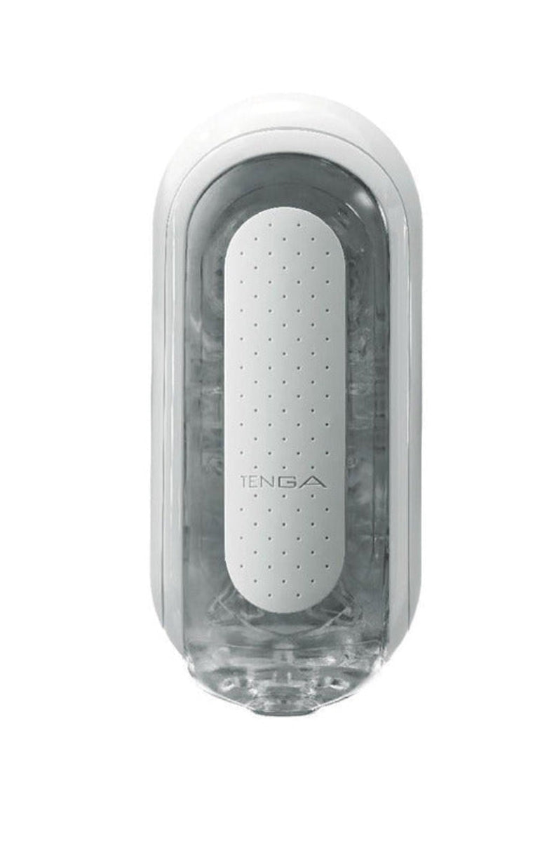 Tenga Flip Zero in white, reusable flip-open stroker with clear body and white pad