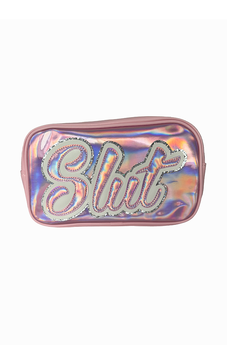 Pink and iridescent silver-pink holographic travel bag with bold "Slut" lettering in script, outlined and trimmed in clear glitter, with a top metal zipper.