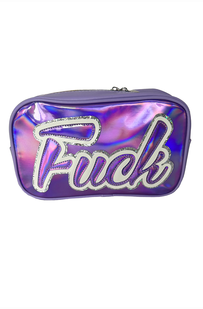 Holographic PVC storage pouch with bold Fuck logo and silver trim