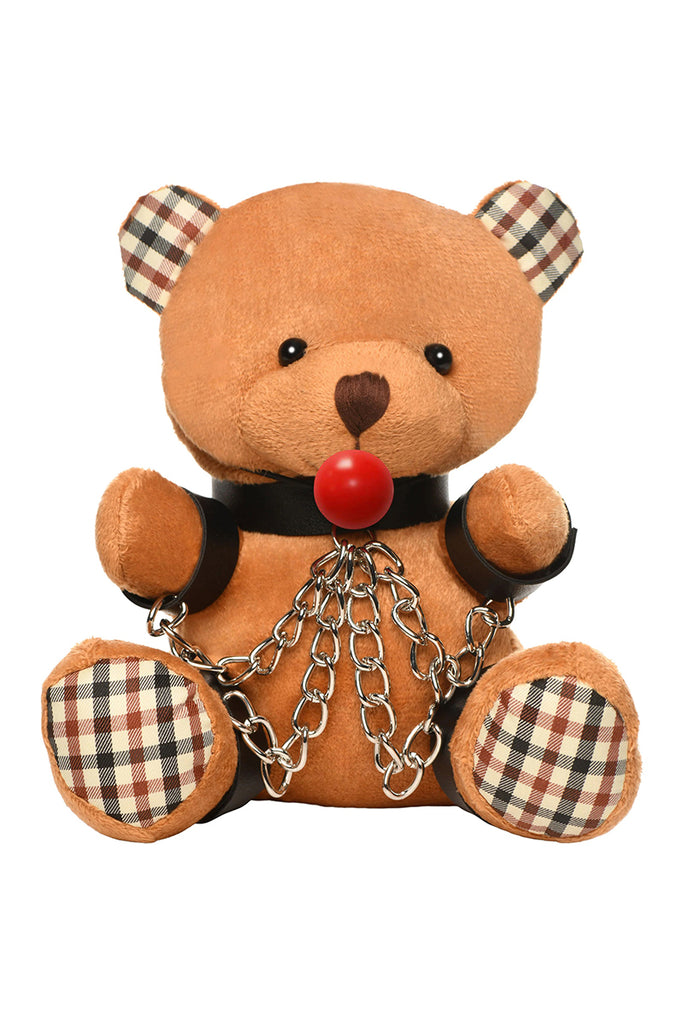 Plush gagged teddy bear with bondage cuffs and chains – the perfect kinky gag gift or aftercare plush