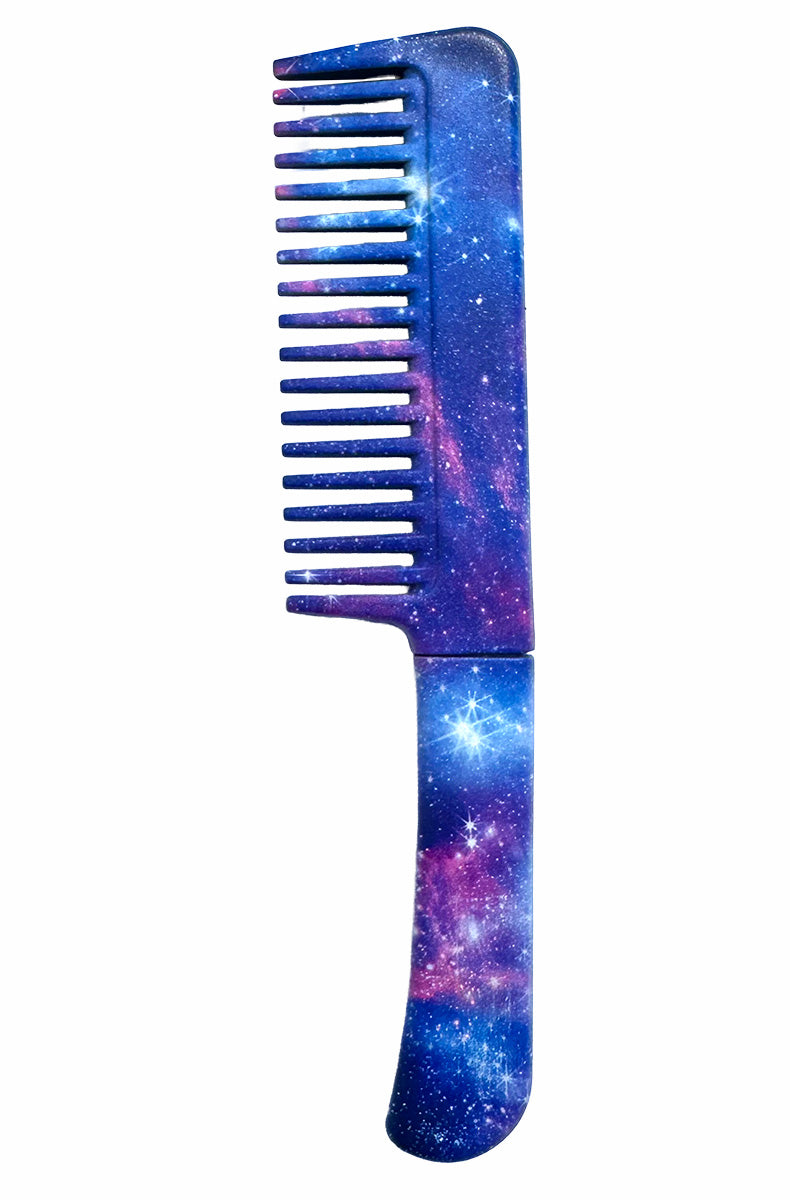 Close-up galaxy print texture finish on hidden blade comb 