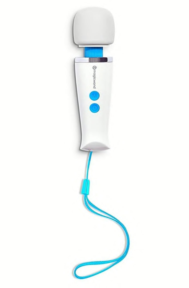 Vibratex Magic Wand Micro travel wand in white with blue M and O buttons and a blue lanyard loop.