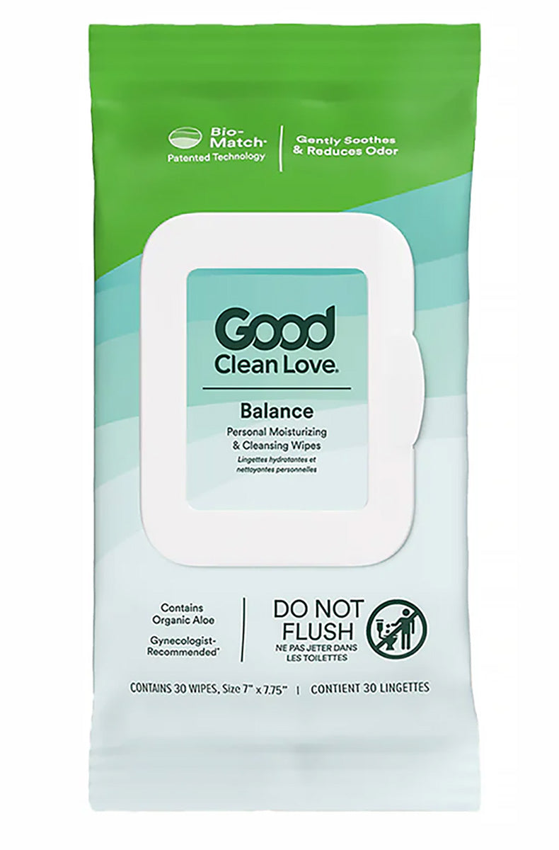 Green and white Good Clean Love Balance personal moisturizing and cleansing wipes pack, 30 wipes.
