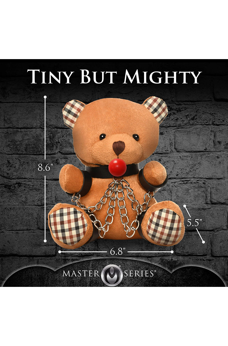 Close-up of silver chain links connecting black ankle cuffs on tan plush teddy bear feet.