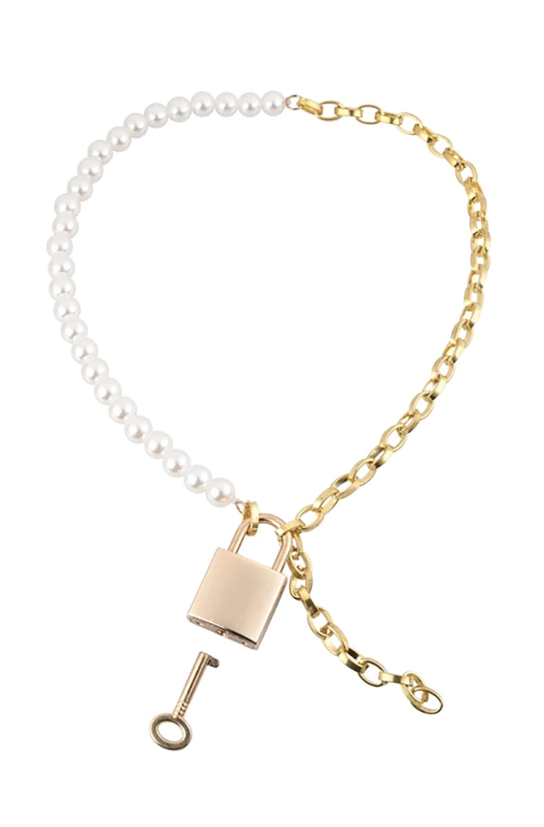 Half faux-pearl and half gold-chain collar closing with a gold padlock at the front and a small gold key hanging beside it.