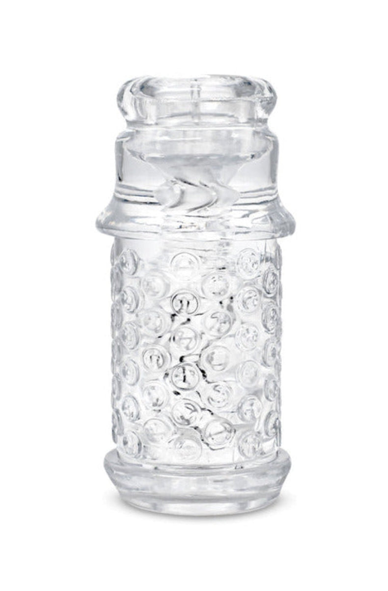 The Handy Dream Lips sleeve, clear TPE with knobs and bobbles and a ribbed closed end