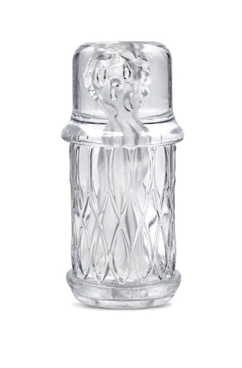 The Handy Dream Lotus sleeve, clear TPE with wavy lattice texture and a snug closed end