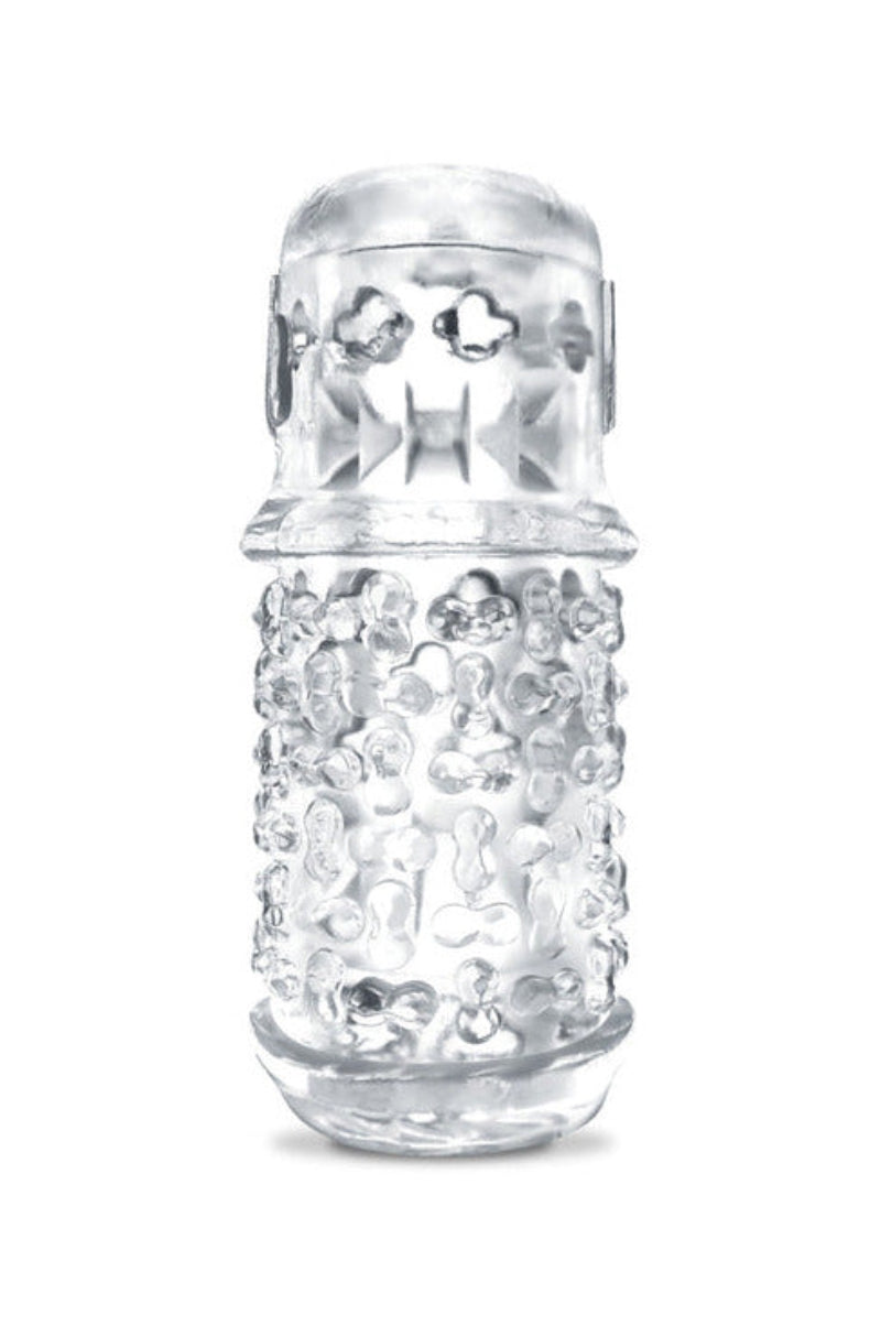 The Handy Dream Chrysm sleeve, clear TPE with alternating tight and loose textured zones and an open patterned top