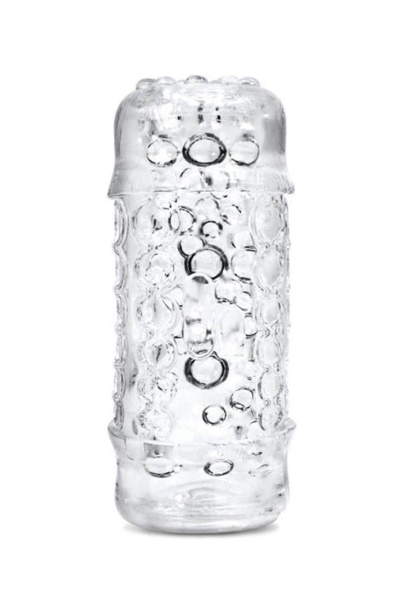 The Handy Mermaid Coral sleeve, open-ended clear TPE with ring and pearl shaped bumps and indented rings