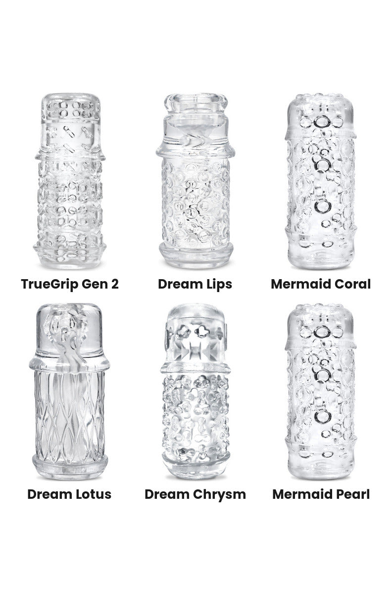 The Handy Sleeve cheat sheet showing all six styles: TrueGrip Gen 2, Dream Lips, Mermaid Coral, Dream Lotus, Dream Chrysm, and Mermaid Pearl