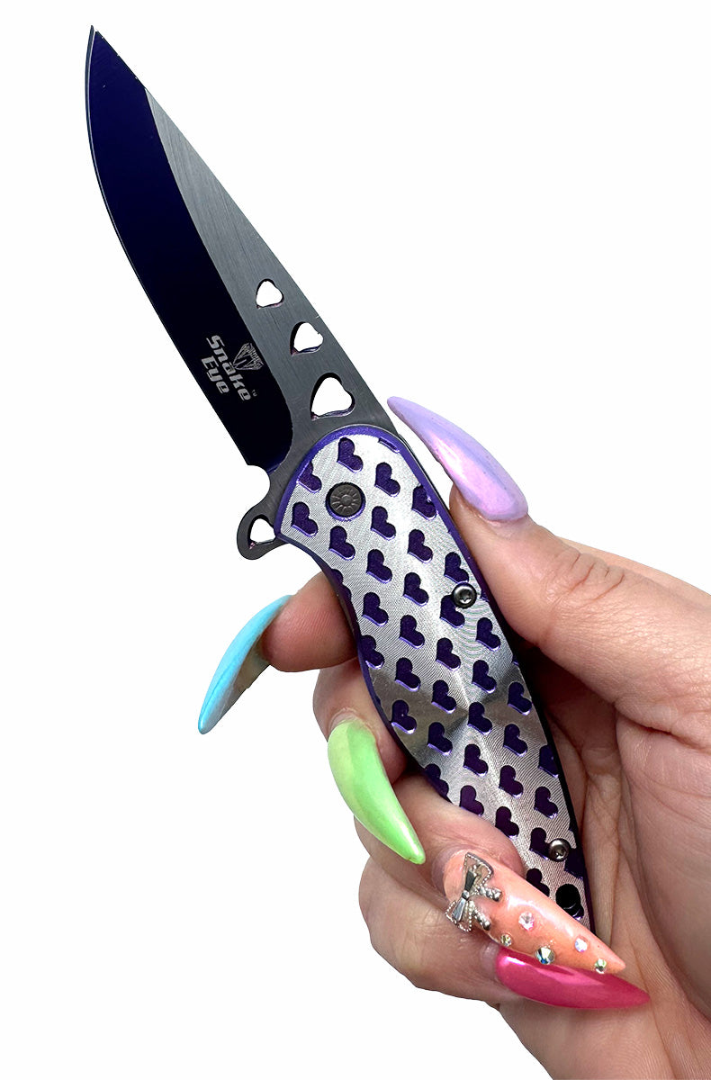 Spring assist knife purple silver finish heart shaped tactical blade for women