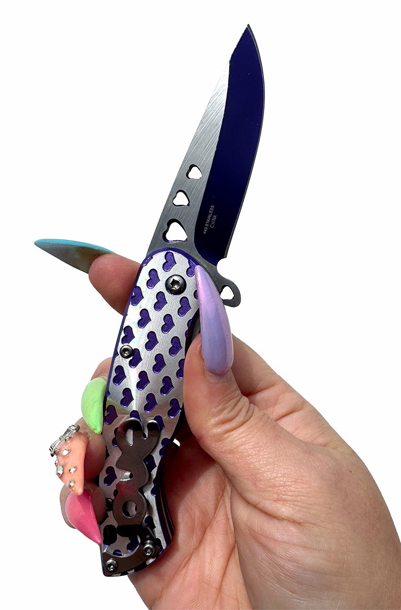 Heart tactical knife gift idea trending purple silver blade for women