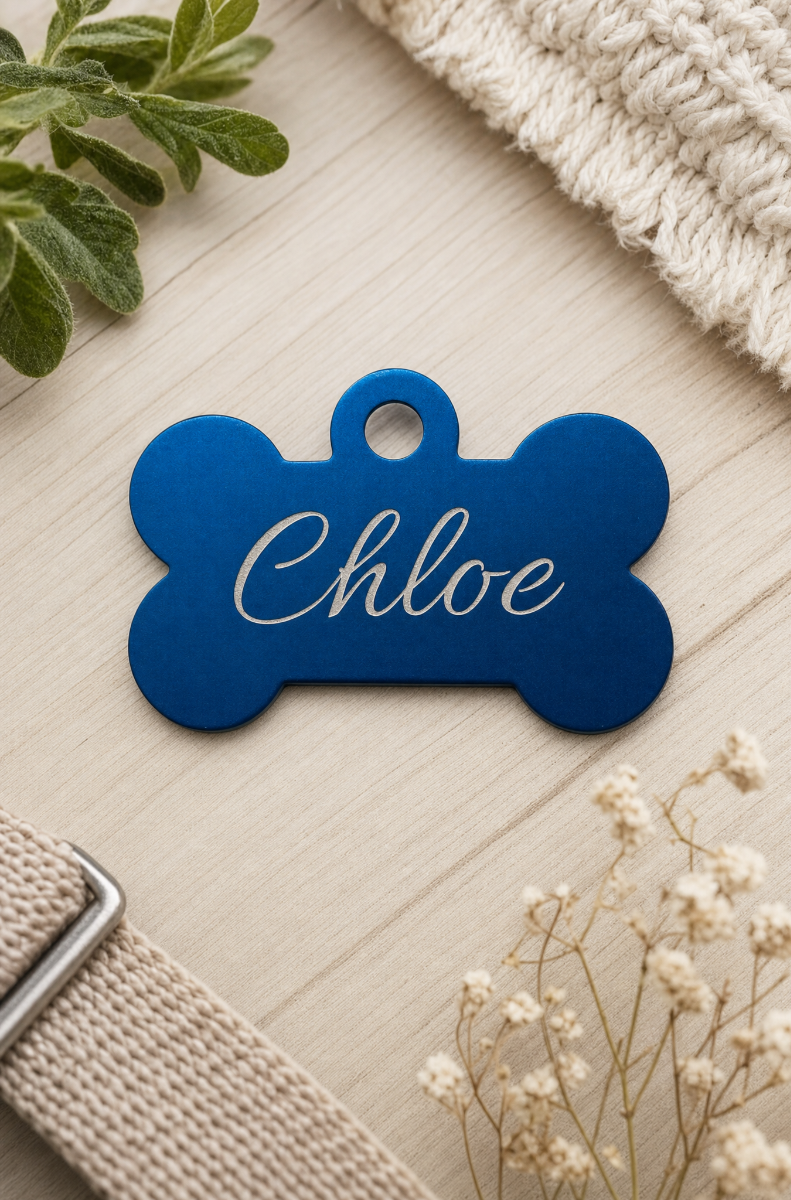 Bone-shaped pet play collar tag engraved with a custom name