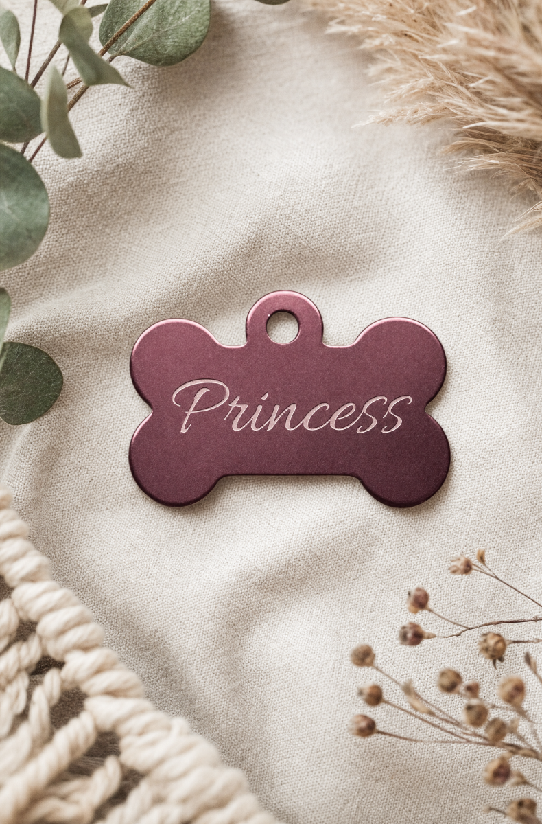 Personalized pet play bone name tag, custom laser engraved on aluminum
