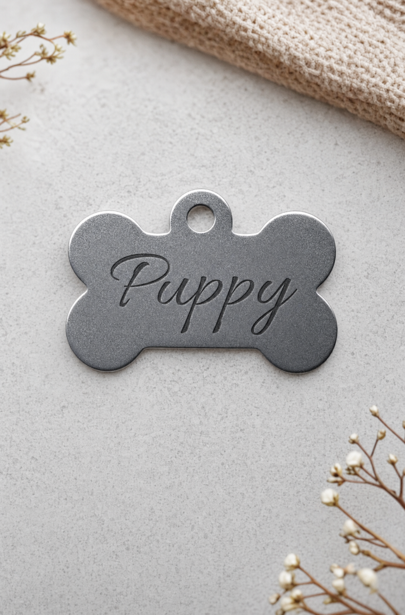 Anodized aluminum bone tag personalized for a pet play collar