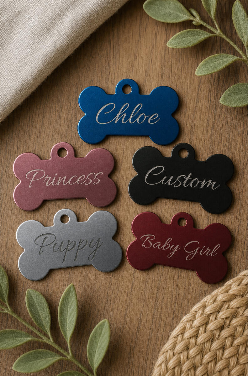Custom engraved bone tag for pet play collars, personalized with a name in laser engraving