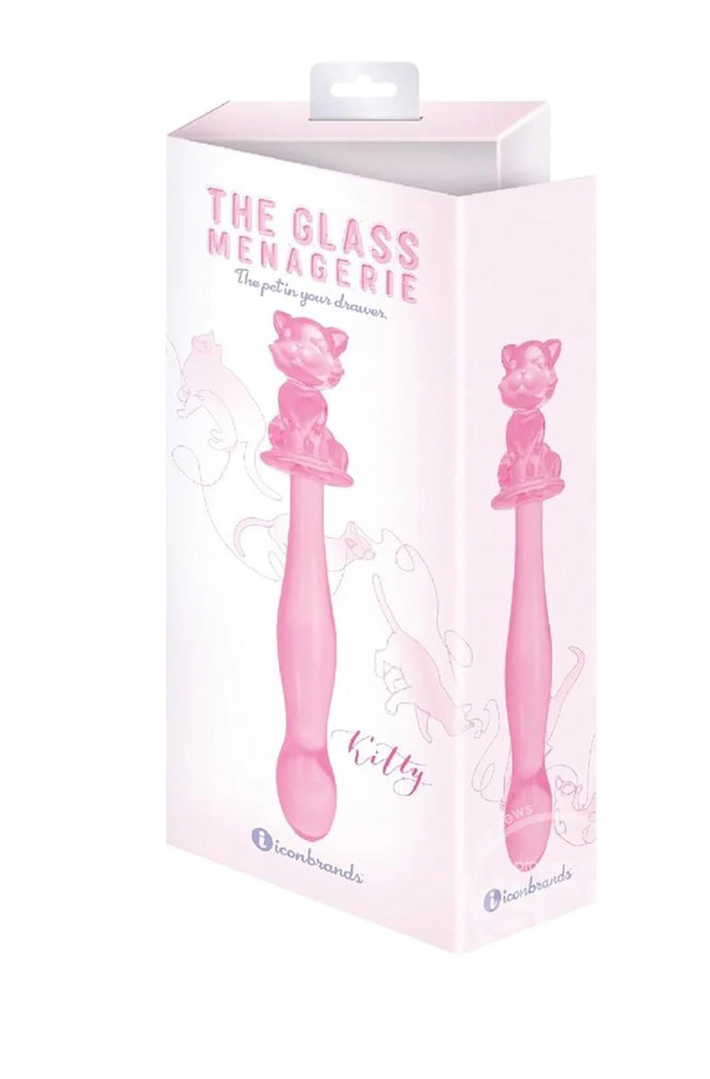 Back view of the pink glass kitty dildo with the rounded glans tip and the seated kitty figurine handle.