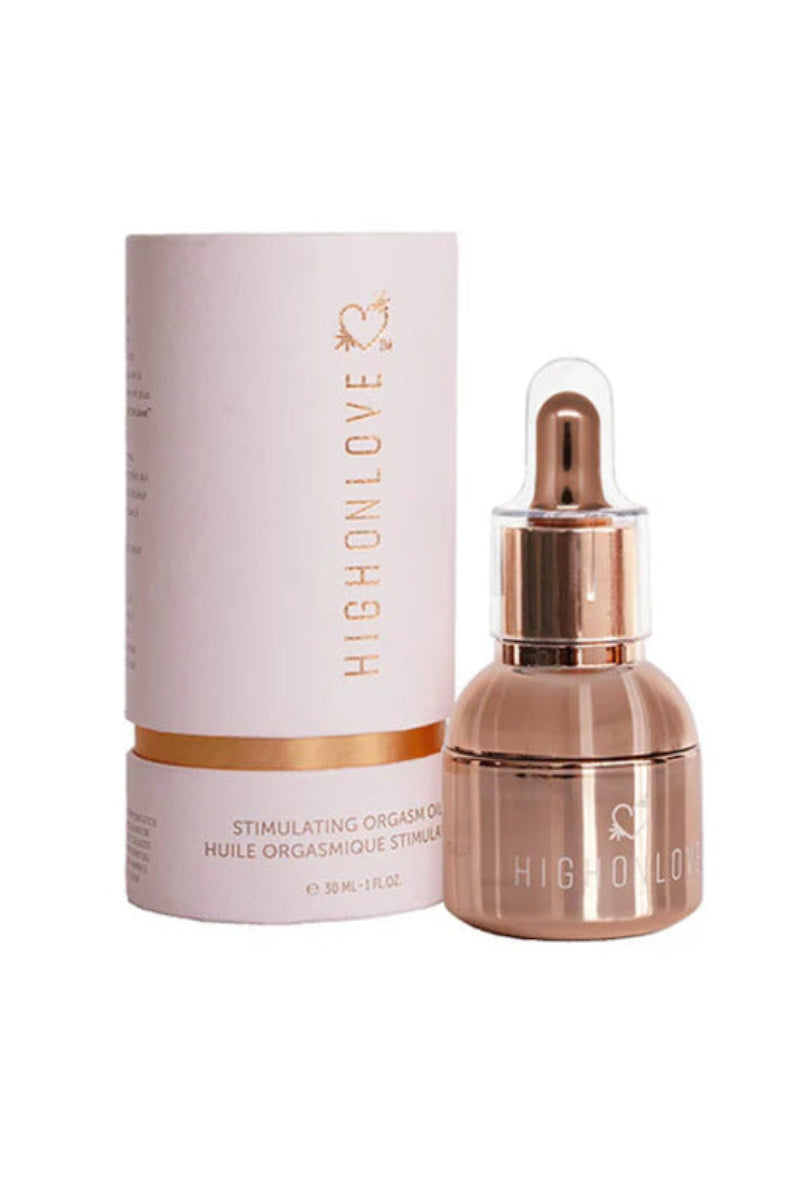 HighOnLove Stimulating Orgasm Oil rose gold dropper bottle and box