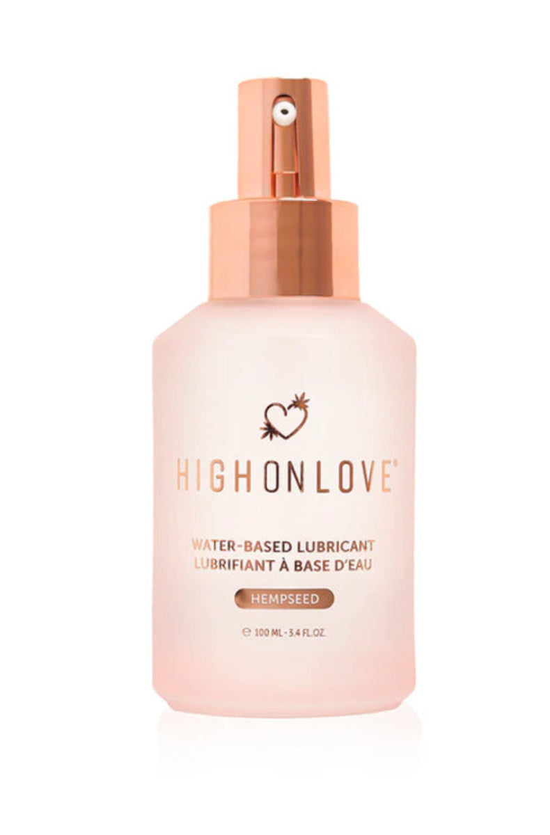 HighOnLove hemp seed water-based lubricant pink pump bottle