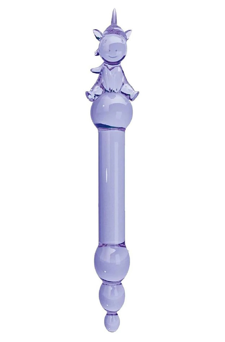Front view of purple glass dildo with sculpted seated unicorn figure on top, beaded glass tip at bottom.