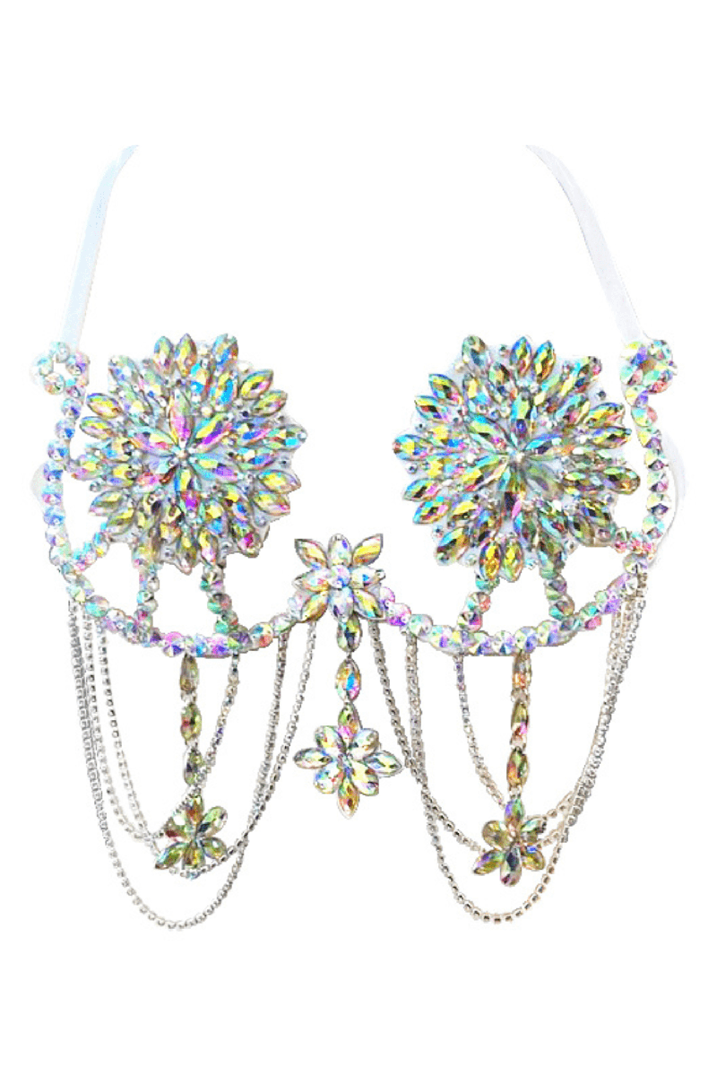 Decorative festival bra with two iridescent AB rhinestone fan-shape cup patches and silver chain swag