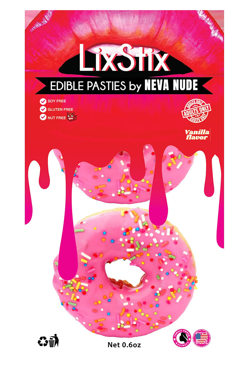LixStix Vanilla Donut package with 2 large ring-donut-shaped pasties and 12 small heart-shaped pasties, all with pink frosting and rainbow sprinkles.
