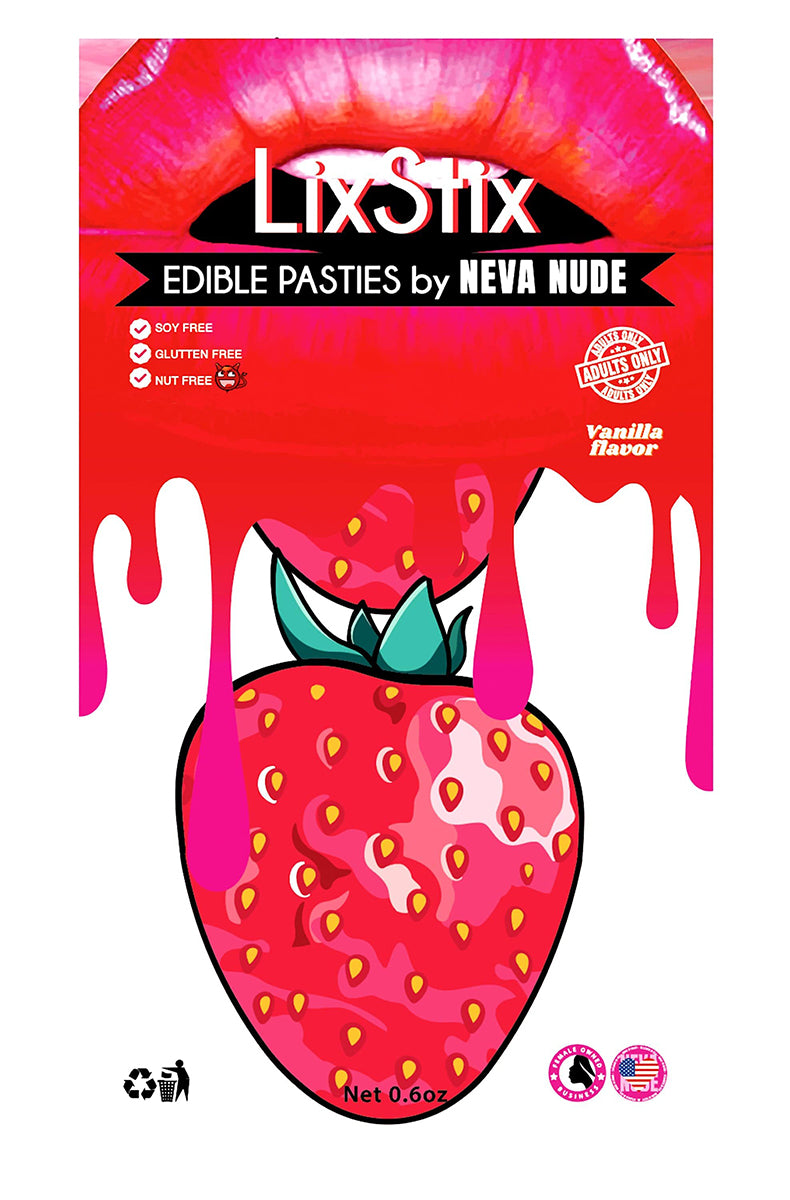 LixStix Strawberry package with strawberry-shaped flavored pasties in red with green leaves, packaged by Neva Nude.