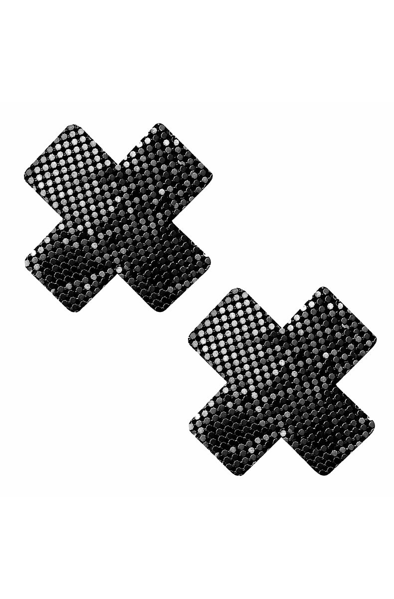 Two X-shaped pasties printed with a chainmail-style metallic dot pattern on a black field.