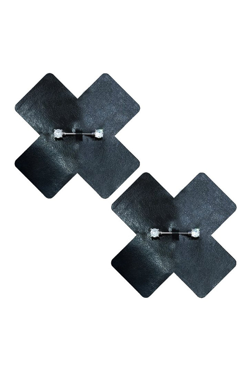 Two black faux-leather X-shaped pasties with a horizontal silver-tone barbell and clear rhinestone end caps at the center.