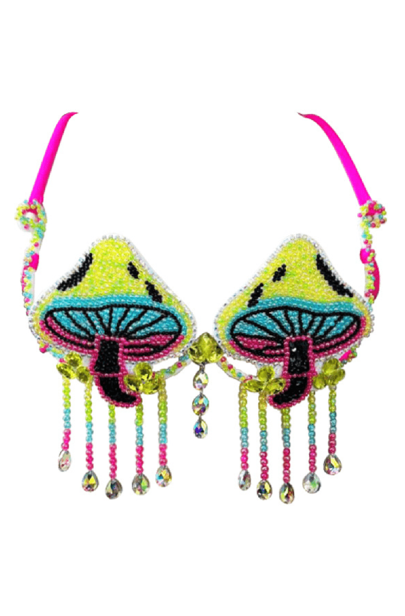 Decorative festival bra with two beaded mushroom-shape cup patches in UV-reactive neon yellow-green and teal-cyan beads
